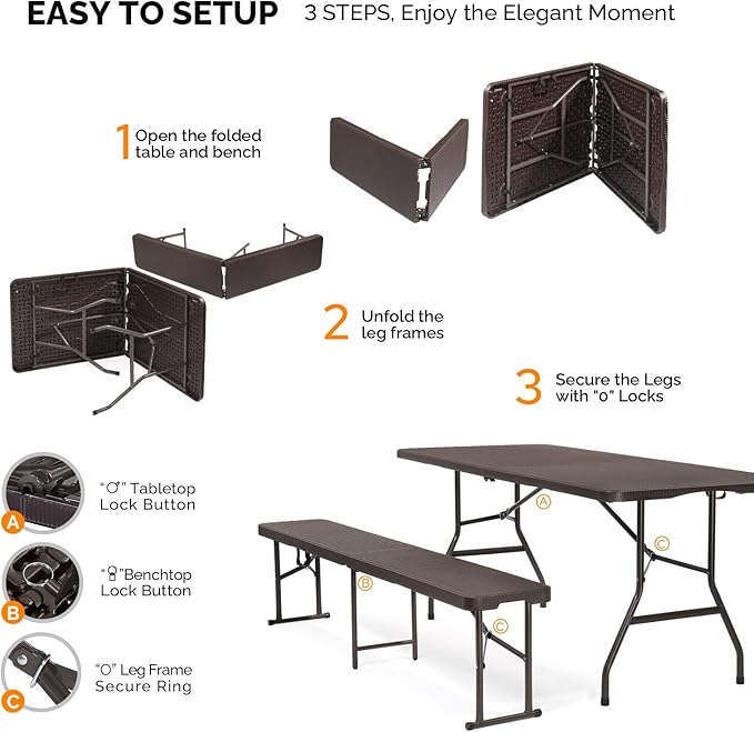 VINGLI Picnic Table Set with 2 Benches, 6 Feet Camping Table Chair Set
