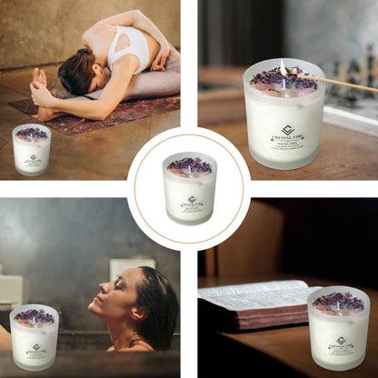 Crystal Vibe Healing Crystal Candle with Rose Quartz Crystals and Lavender Petals - Natural Soy Wax Lavender Scented Candle for Aromatherapy Meditation - Birthday Gifts for Women Girlfriend