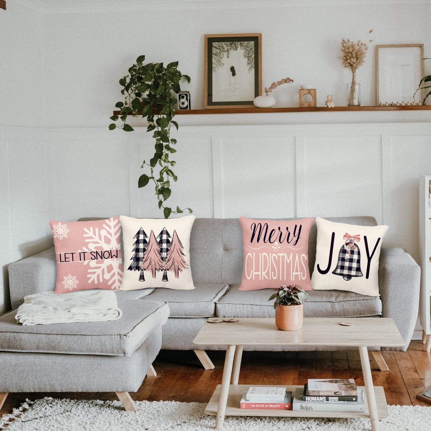 Geefuun Rose and Gold 18 x 18 Christmas Pillow Covers Decorations Indoor Home Pink Decor Set of 4 - Xmas/Holiday/Winter Bedroom Decorative Pillowcase for Couch, Bed（No Fillers）