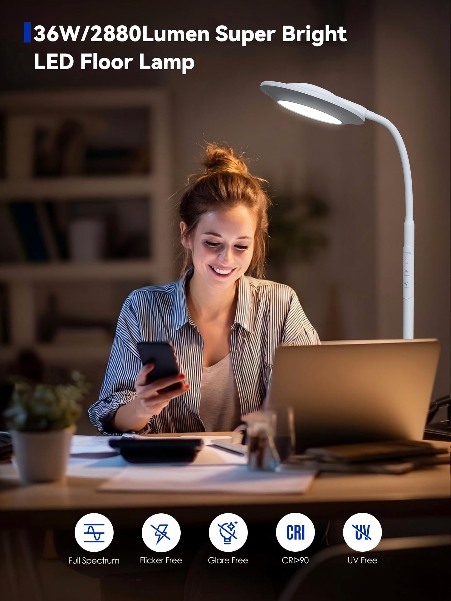 48000 LUX UV-Free Sunlight Lamp, 36W Bright LED Floor Lamp, Full Spectrum Sun Lamp, 7 Brightness Levels 4 Color Temps with Remote, Adjustable Height Reading Floor Lamp for Living Room Bedroom Office