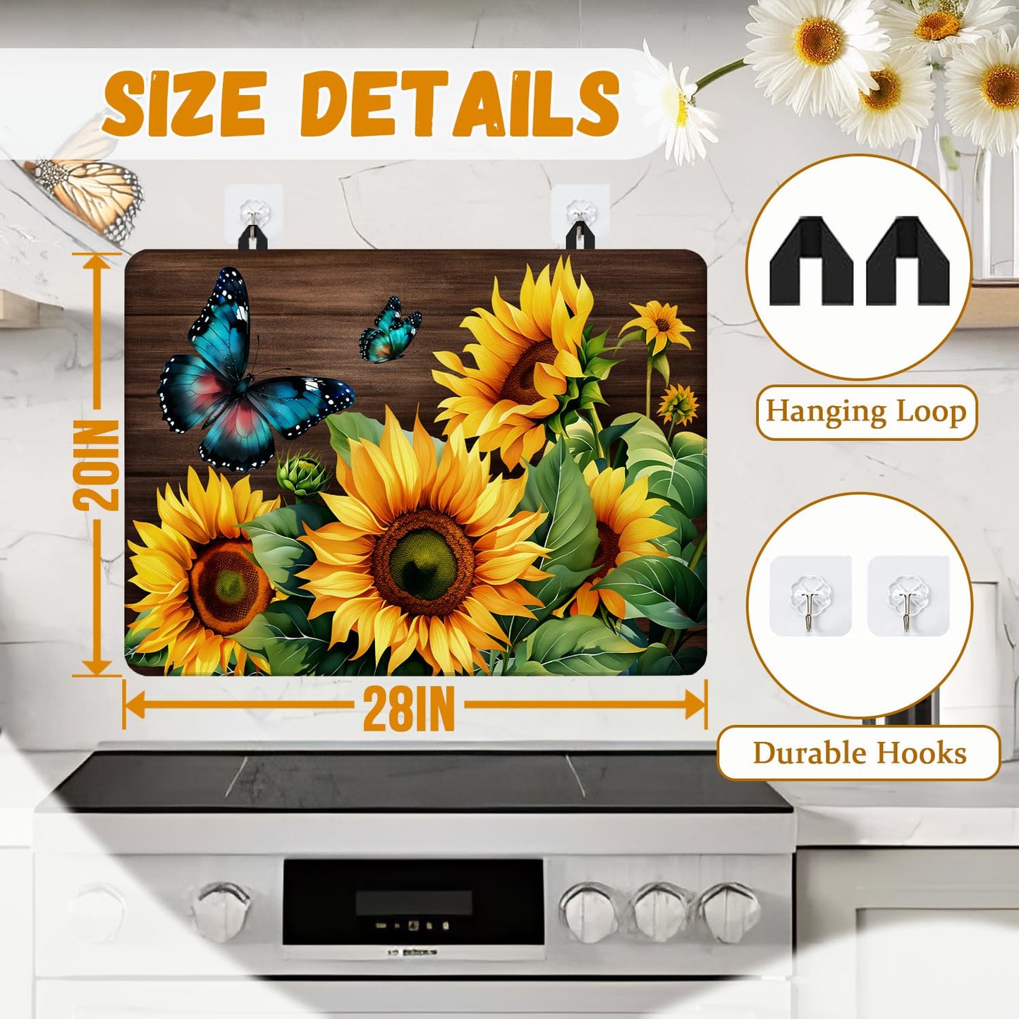 Sunflower Stove Top Cover for Electric Stove, Blue Butterfly Range Covers, Yellow Flower Range Top Mats, Spring Summer Cooktop Cover 28x20 inch, Glass Cooktop Covers for Kitchen Holiday Home Decor