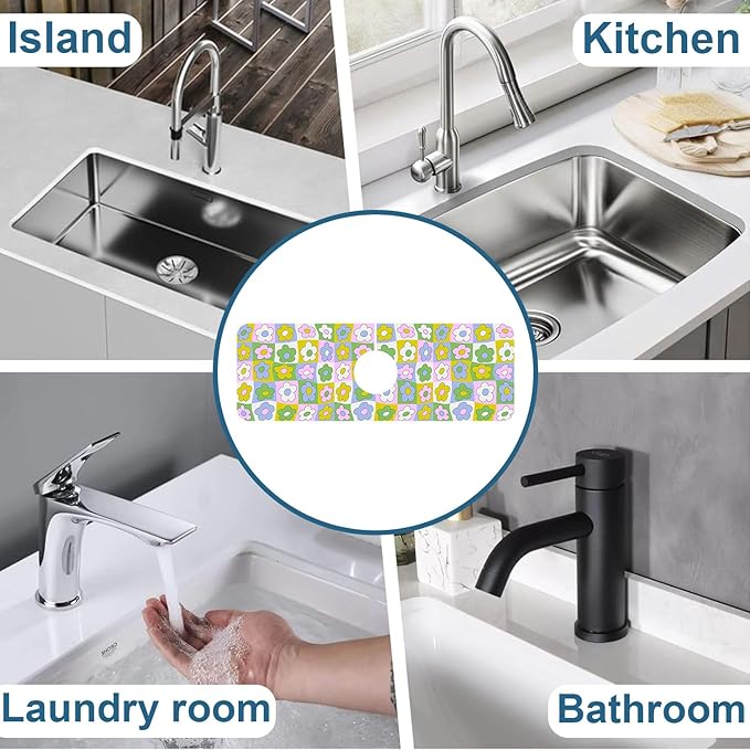 Cute Flowers Kitchen Sink Splash Guard Faucet Mat Retro Floral Super Absorbent