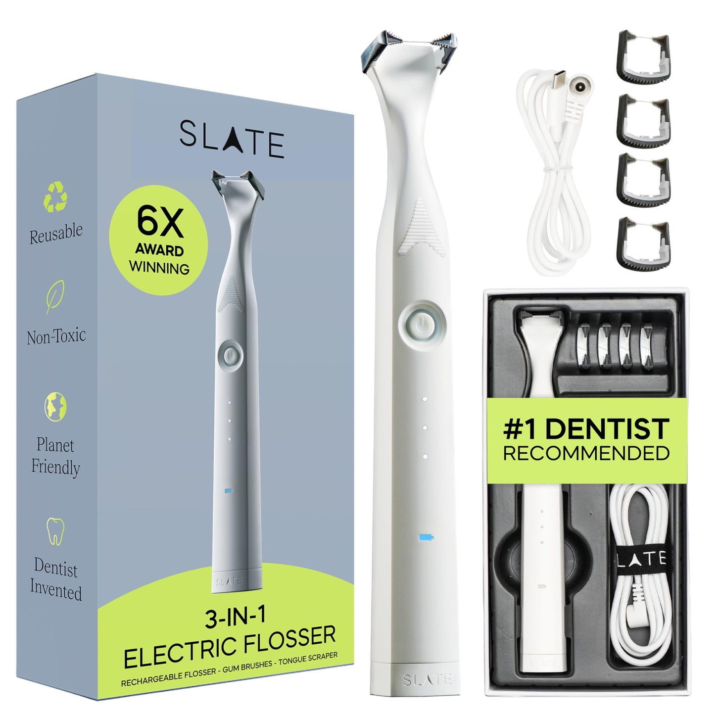 Slate Electric Flosser - Starter Set | 3-in-1 Dentist-Invented with Reusable Floss Heads, Gum Brushes & Tongue Scraper | More Effective Than String or Water Floss