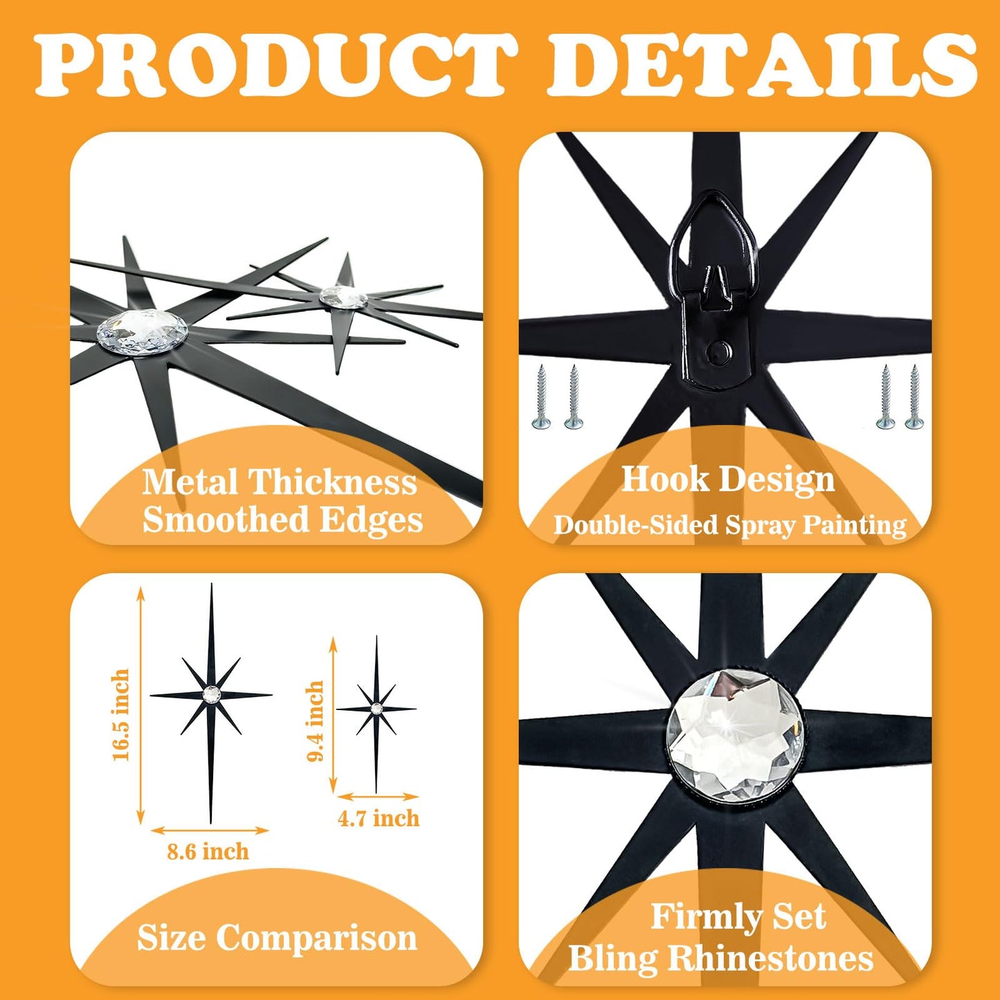 Sxnzequnze 4 Pcs Star Wall Art for Home Decor Living Room Bedroom Office Metal 3D,Bling,with Hanging Hook Starburst Midcentury Sculpture Retro Gallery Accent Celestial -Black 16.5in/9.4in