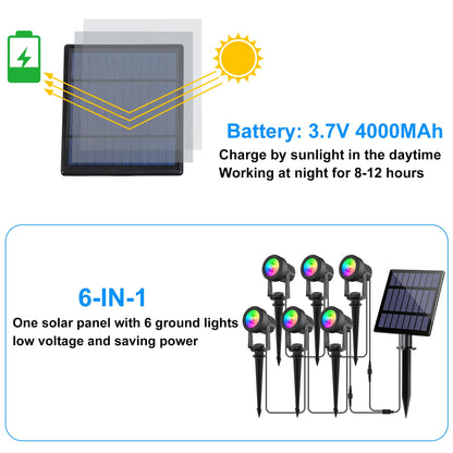 NATPOW RGB Solar Spotlights, Landscape Lights Color Changing Waterproof Solar Garden Lights, Auto ON/Off Adjustable Spot Lights, 6-in-1 Wall Lights for Yard, Garden, Driveway, Pool, Lawn