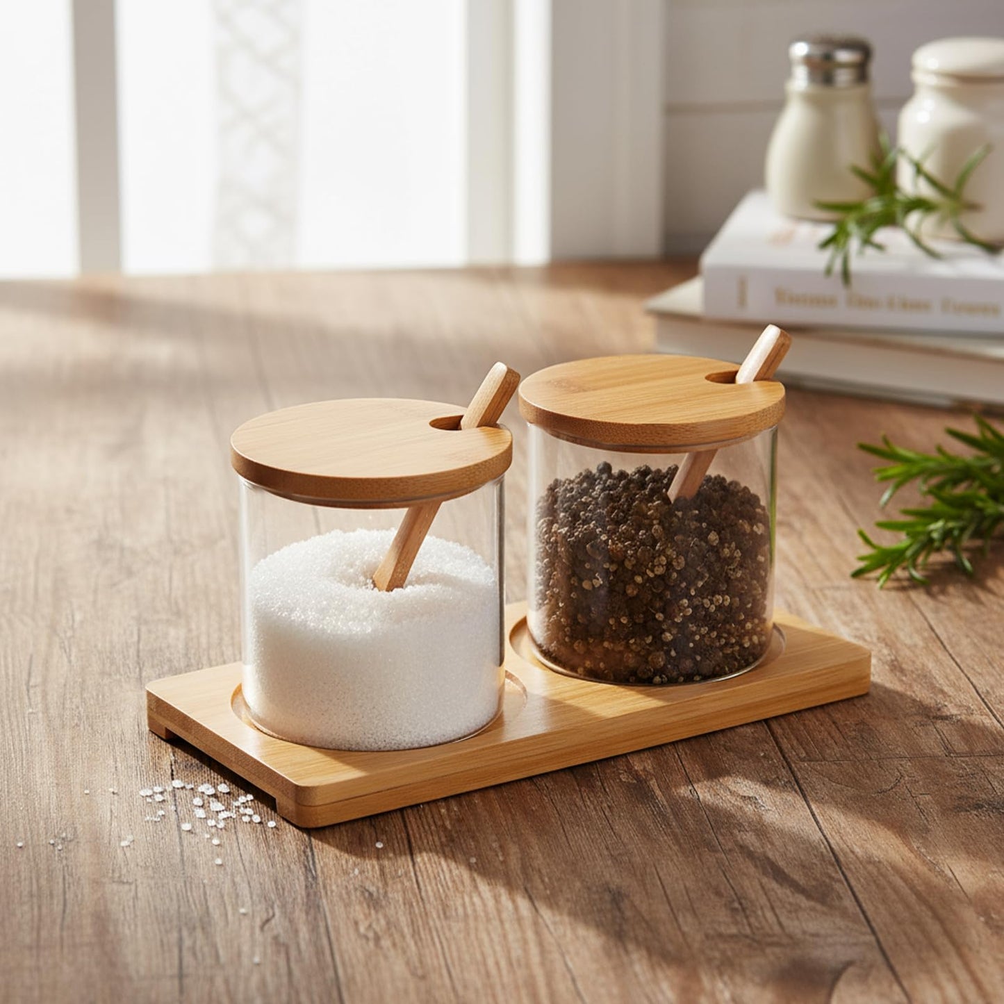 Mowhut 2 PCS Condiment Containers, Spice Rack with Bamboo Spoon Lid and Base, Sugar Bowl, Salt and Pepper Shakers Set for Salt Sugar Tea Herbal Coffee Beans, Clear