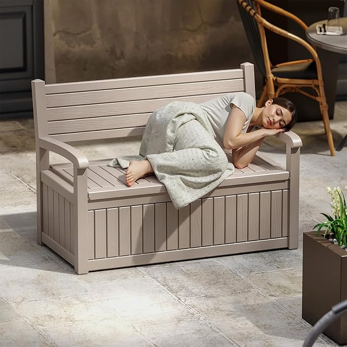 EasyUp 80 Gallon Wood Grain Style Outdoor Storage Bench, Waterproof and Lockable Deck Box Outdoor Storage Furniture for Patio,Garden,and Porch – Perfect for Storing Garden Tools and Cushions(Gray)