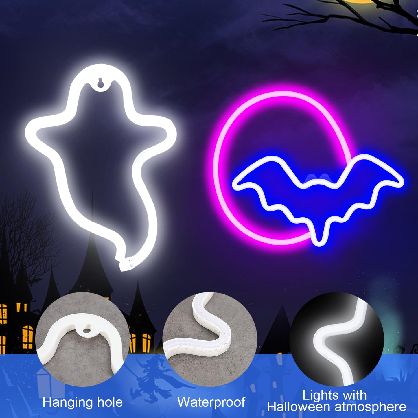 2 Pack Halloween Decoration LED Neon Sign Light,Ghost/Bat and Moon Lights Hanging Neon Signs for Halloween Party Indoor Home Window Decorations (Batteries not Included)