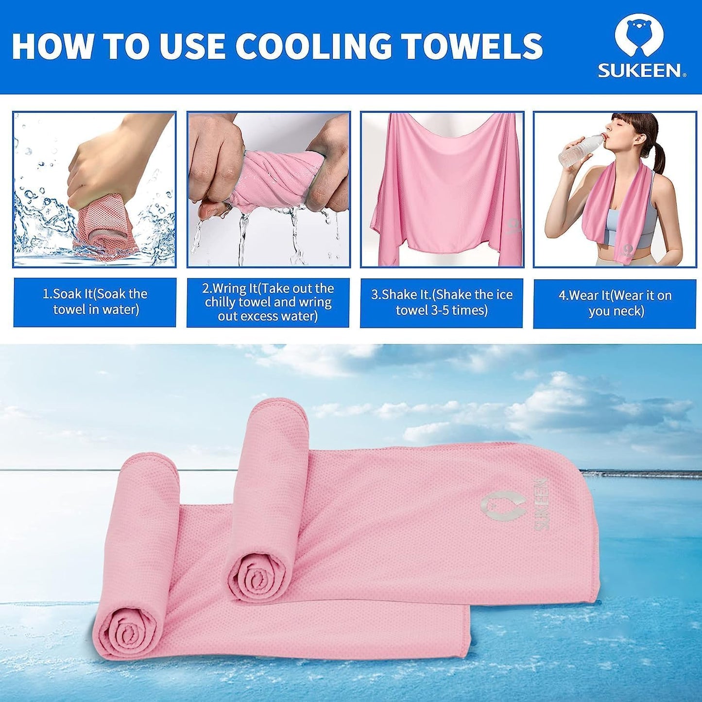 Sukeen 4 Pack Cooling Towels (40"x12") for Neck and Face, Cooling Neck Wraps, Breathable Cooling Towel for Hot Weather, Sweat Towels for Yoga, Sports, Golf, Gym, Camping, Running, Fitness, Workout