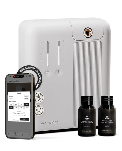 AromaPlan 2025 HVAC Waterless Oil Diffuser, Smart Scent Air Machine (2 Fragrances Included)- Whole House & Commercial Hotel Collection Diffuser| Cold Air Tech, App & Tourch Control,2000 Sq. Ft -Black