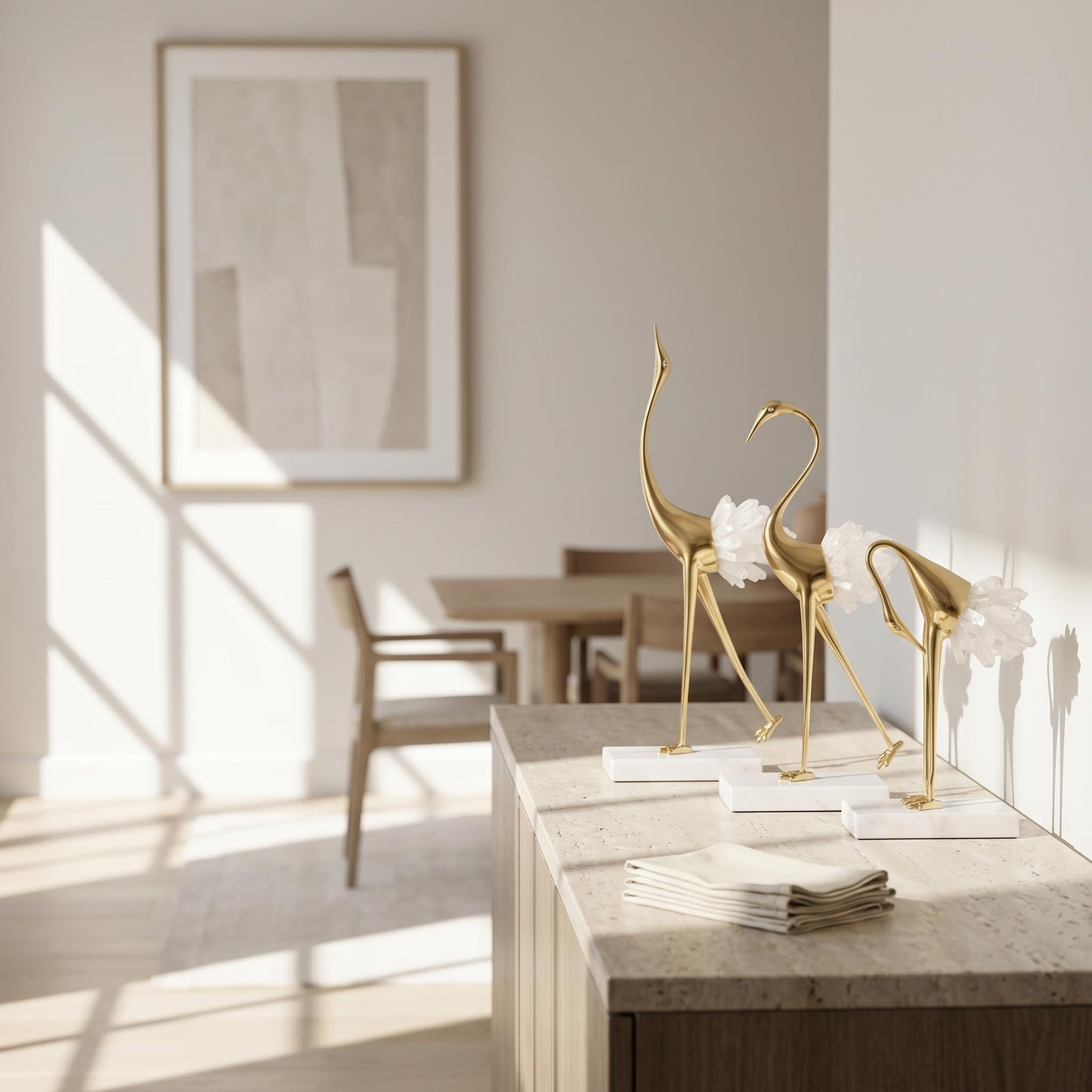 suruim Elegant Gold Crane Bird Statues with Crystal Tail Accents, Decorative Brass Figurines for Home Decor (White A)