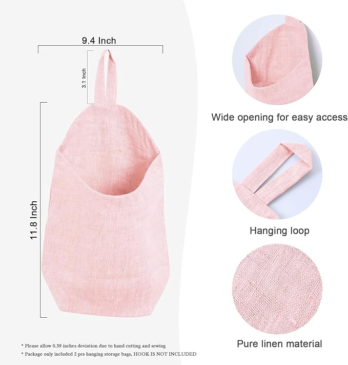100% Linen Hanging Storage Bags Baskets 2 Pcs, Small Wall Storage Bag