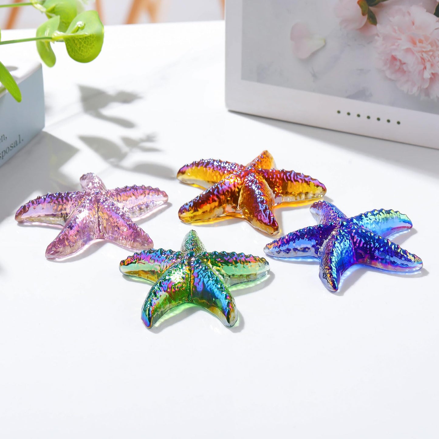 Movdyka 4pcs Starfish Crystal Figurine Desk Decor Handmade Blown Glass