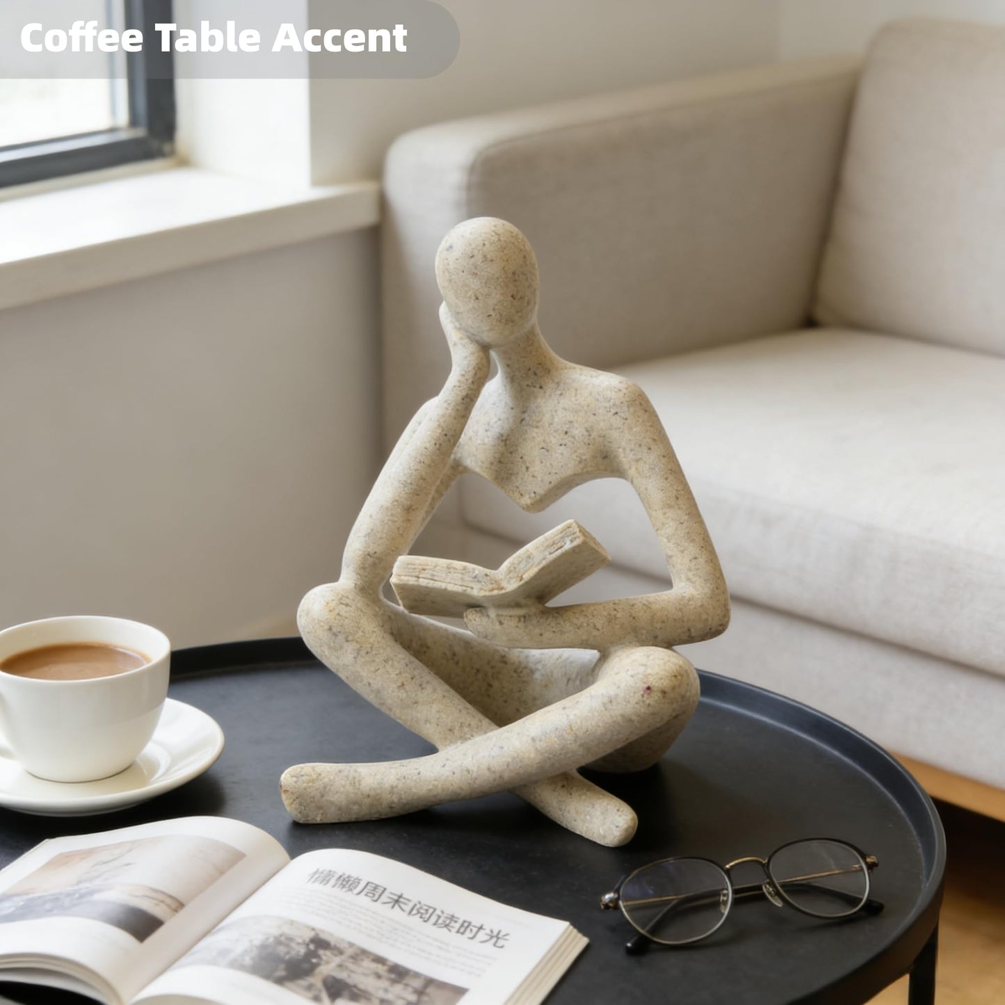LWDUDE Reading Thinker Statue, Grey Abstract Sculpture for Bookshelf Knick Knacks, Minimalist Decor for Coffee Table, Office Desk, Living Room Shelf Decor - Modern Home Accents (Grey)