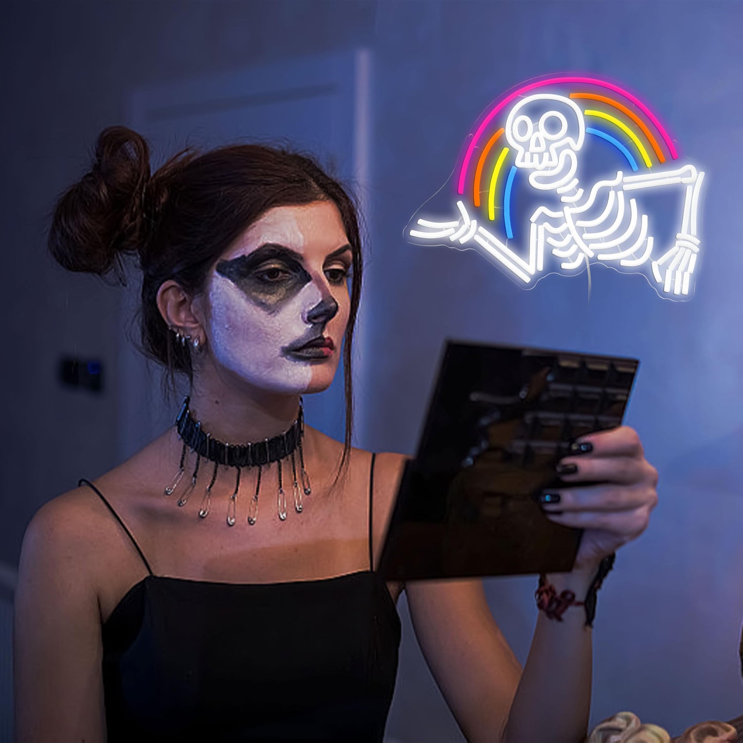 JLEWUINH Rainbow Skeleton Halloween Neon Sign Welcoming Skull Led Neon Light Colorful Rainbow Light Up Sign for Halloween Party Christmas Bedroom Man Cave Game Room(16.5 * 12.5in)