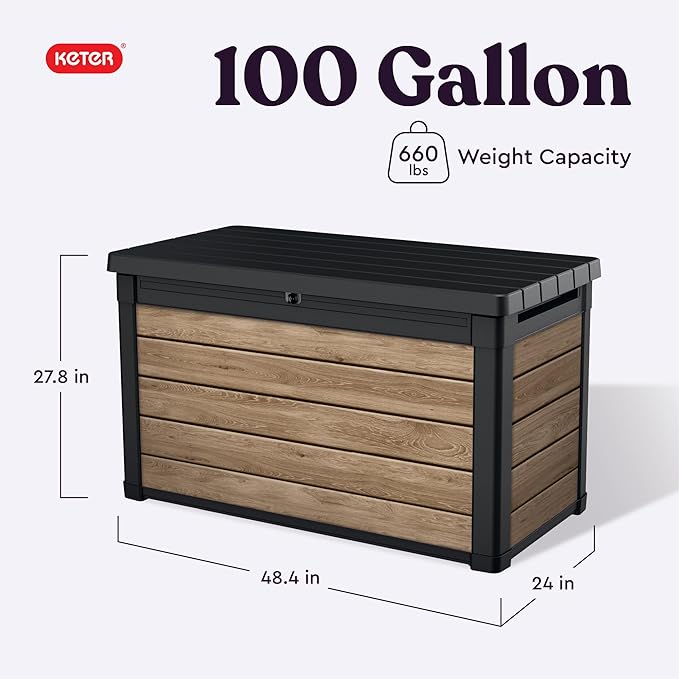 Keter Ashwood 100 Gallon Resin Deck Box Organization and Storage for Patio Furniture Outdoor Cushions, Throw Pillows, Garden Tools and Pool Toys, Brown
