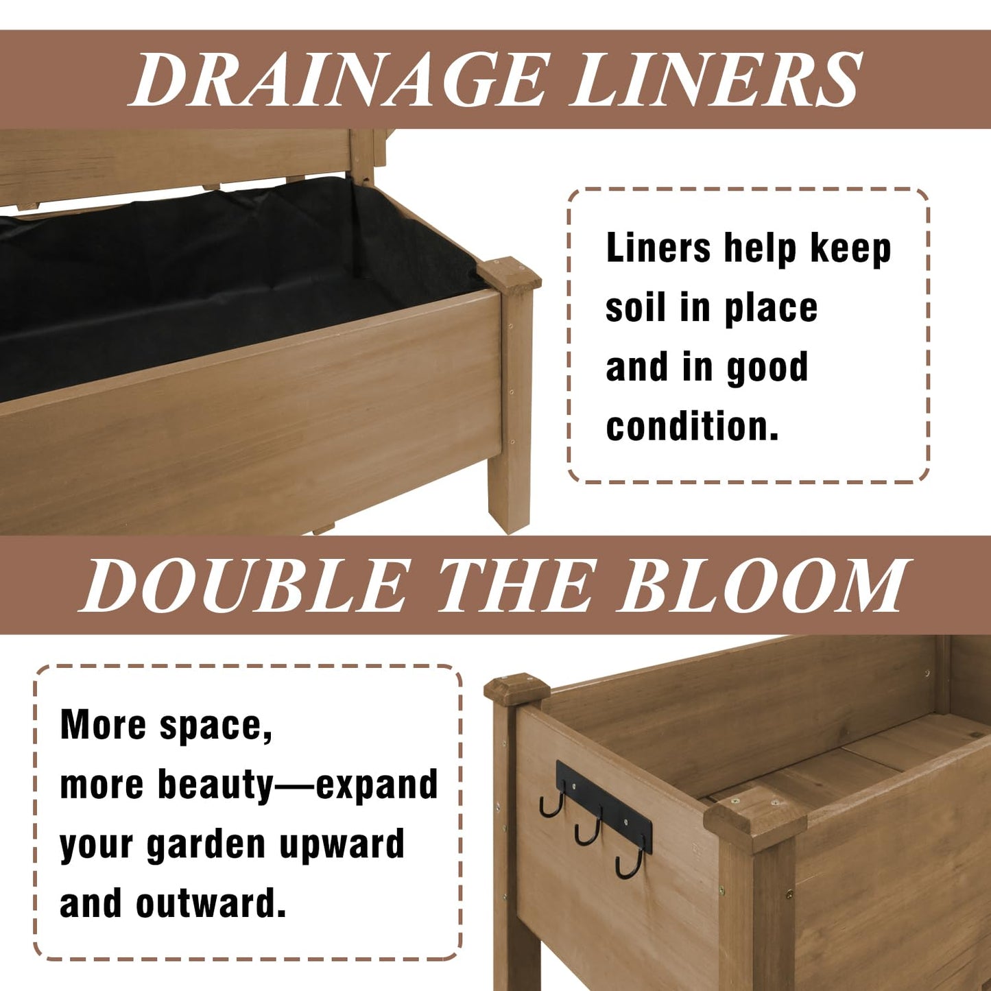 ketive 2-Tier Raised Garden Bed with Legs Outdoor Elevated Garden Box,Storage Shelf,Protective Liner for Backyard,Patio,Balcony,55x42x30in (Brown)