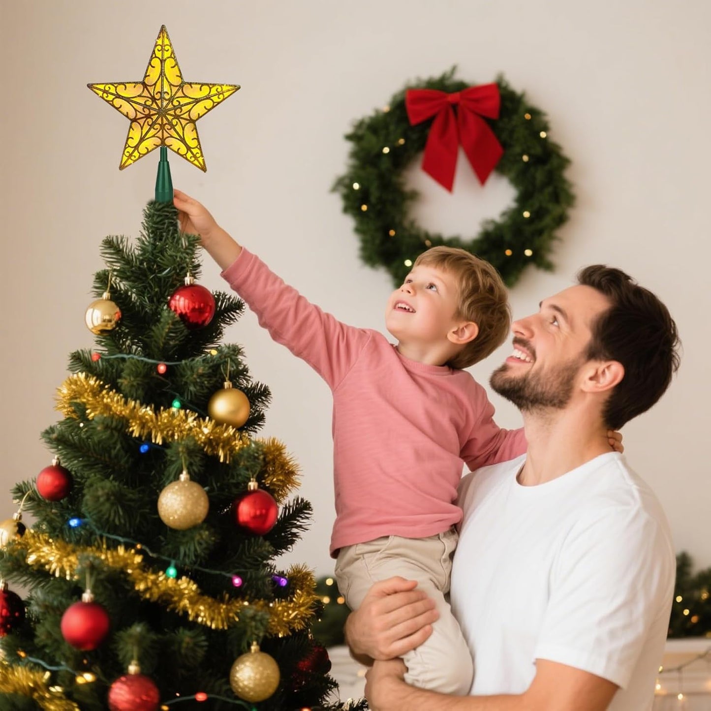 9.5” Gold 3D Dual-Side Christmas Star Tree Topper - Warm White LED Light, Festive Holiday Home Christmas Decor
