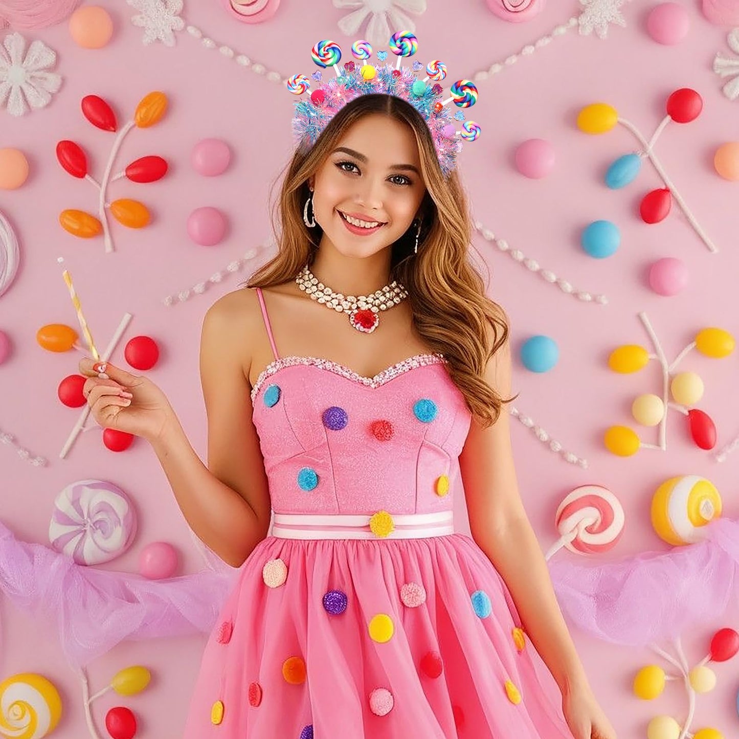 NVENF Candy Headband for Women Girls Colorful Pom Pom Lollipop Headbands Candyland Costume Outfits Candy Accessories Birthday Party Favors Halloween Holiday Christmas Outfits Gifts (Pattern A)