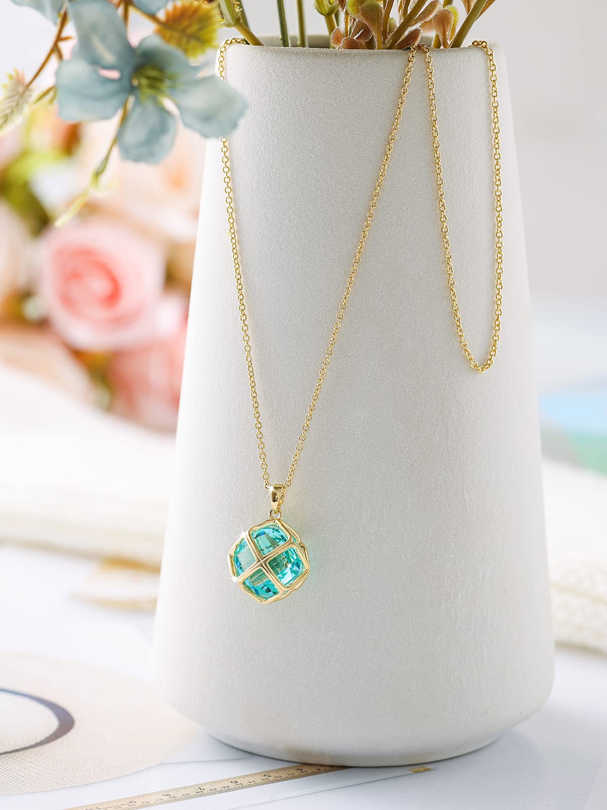 Qinpan 14MM Crystal Pendant Drop Dangle Necklace Earrings Set for Women Glod Plated Costume Jewelry Sets, 38*17.8mm, Rose Gold, Sapphire