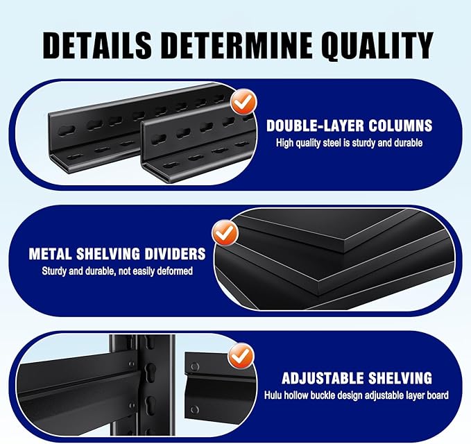 71" H-46 W Garage Shelving Heavy Duty Storage Shelves, Metal Adjustable Shelving Unit, Utility Garage Organizer Shelf for Basement, Pantry, Kitchen, Warehouse, 20" D x 46" W x 71.2" H, Black