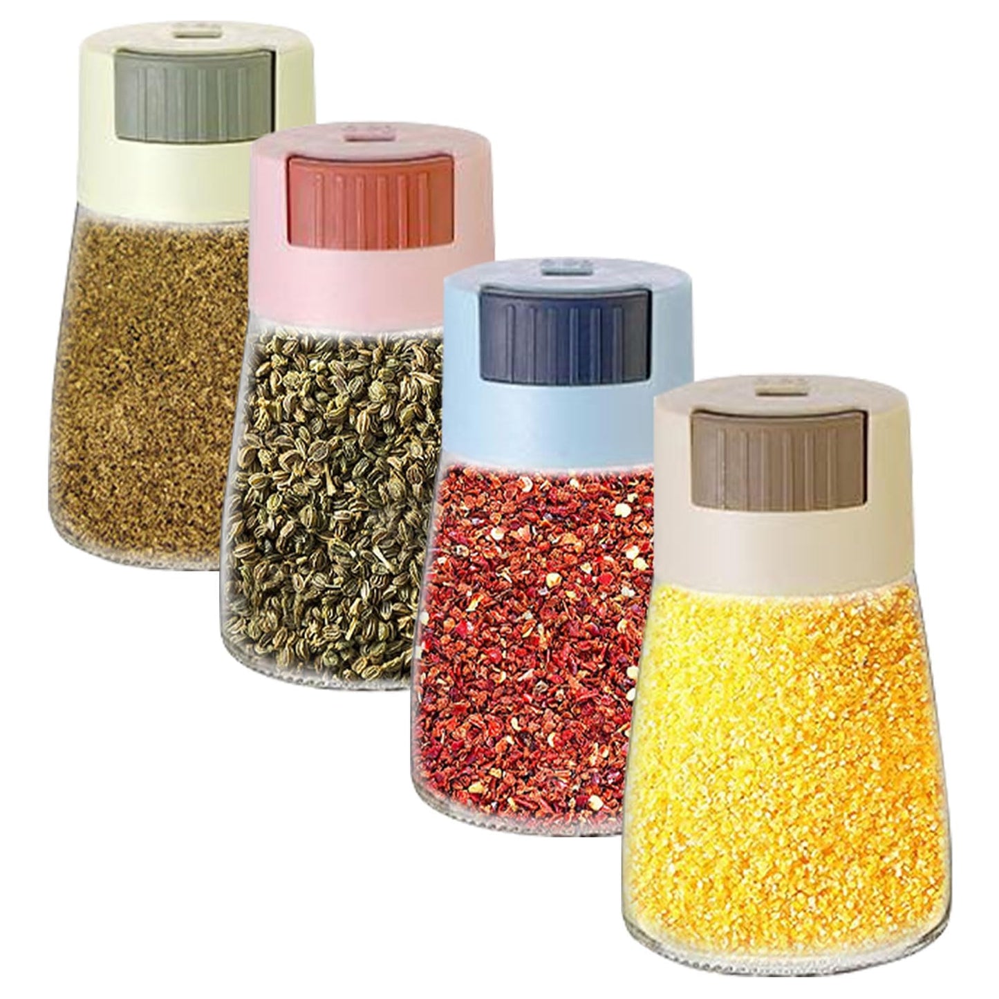 4Pcs Glass Spice Jars for Kitchen, 180ML/6.09oz Airtight Clear Glass Spice Seasoning Bottle Containers with Pressure Dosage Glass Metering Spice Salt Pepper Cumin Powder Sugar Dispenser