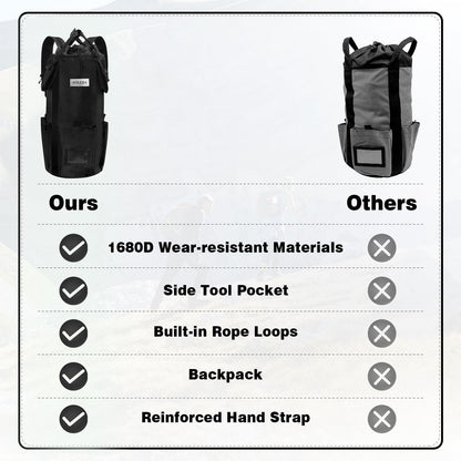 AOLEBA Arborist Rope Storage Bag Tree Climbing Rock Rope Bucket Backpack Rope Storage Bag 200' Large Capacity 1680D Thicken Nylon Material with Hand Straps, Side Pockets - Black