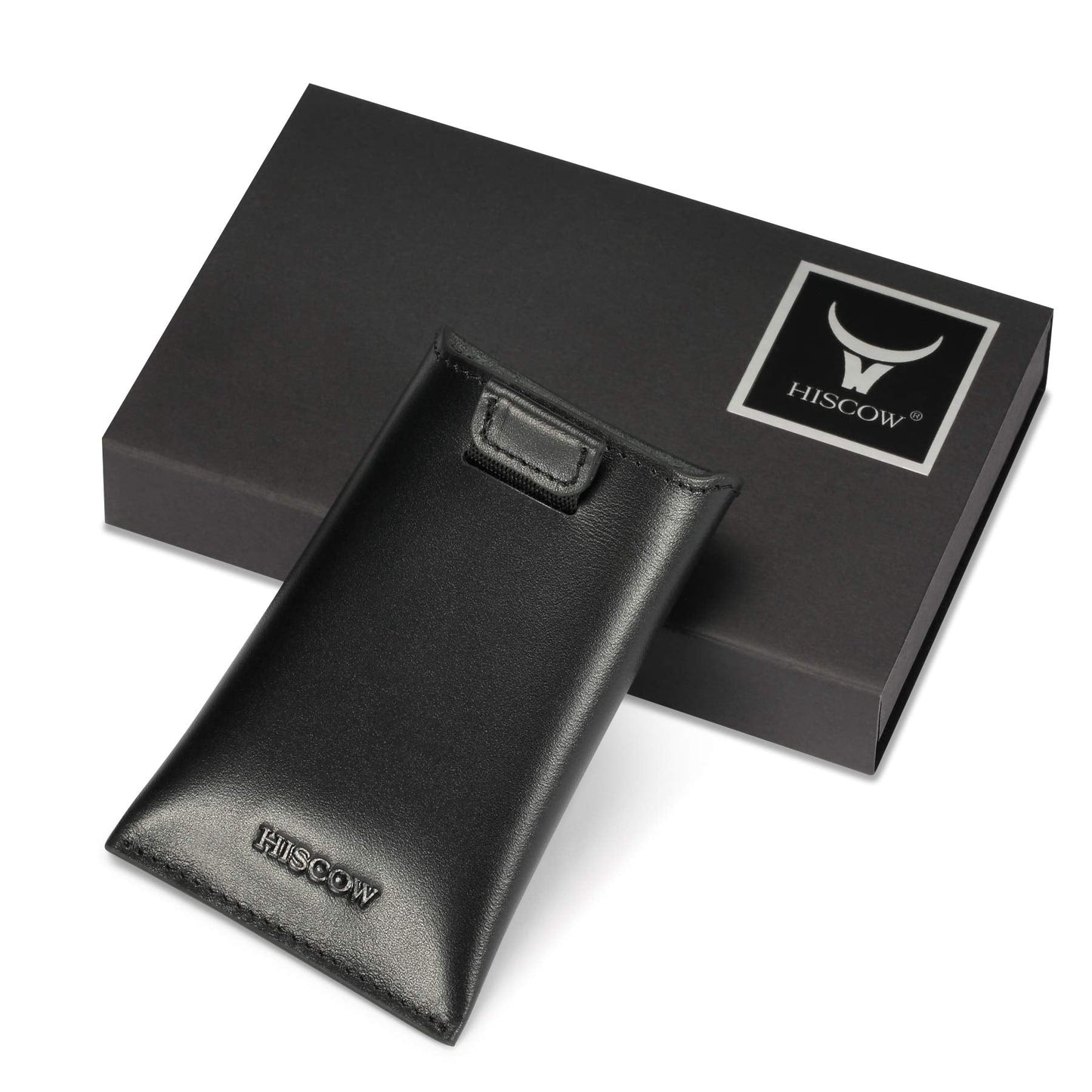 HISCOW Business Card Holder with Flap for Dispensing Cards - Italian Calfskin (Black)