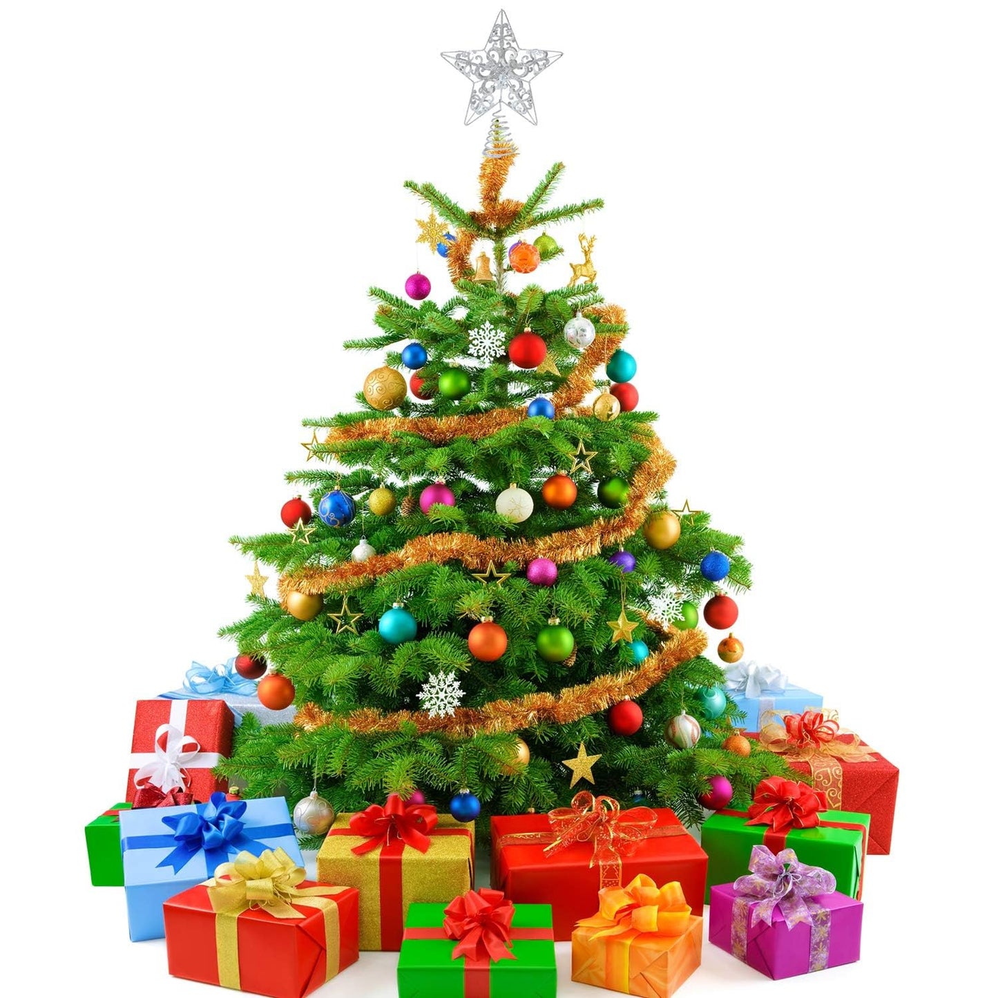 Aneco 10 Inches Christmas Treetop Star Metal Glittered Christmas Tree Topper Xmas Tree Decoration Topper for Christmas Holiday Home Office School Mall Decor, Silver