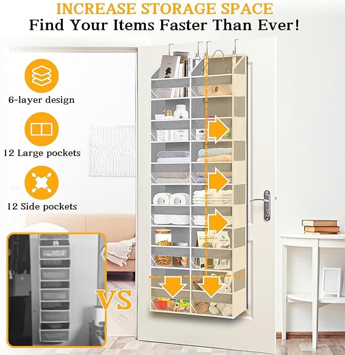 Over The Door Organizer 6 Tiers, Extra Large Behind Door Storage of 12