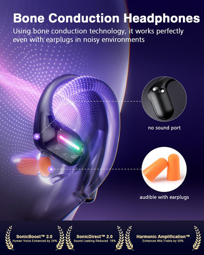 DEMICEA True Bone Conduction Headphones,Open-Ear Headphones,Up to 30H Playtime with Charging Case,Aurora Mode(RGB Light) IP68 Water-Resistant, AAC/SBC,Perfect for Night Running and Cycling