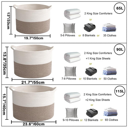 HZFTJOY Large Woven Blanket Basket,65L Cotton Rope Laundry Basket Hamper with Handles, Decorative Nursery Basket Storage Bin for Toys, Clothes Organizer, Living Room, Bedroom, Bathroom, White & Brown
