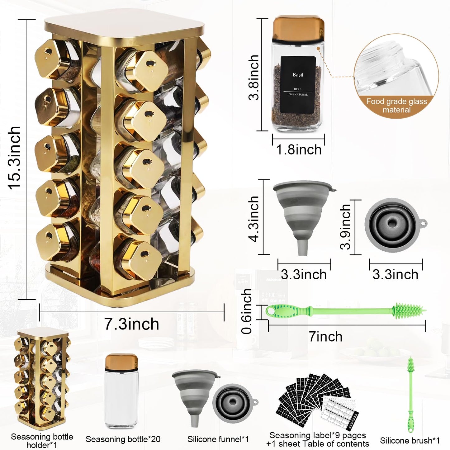 THYEUISM Kitchen stainless steel spice rack with 20 food grade glass cans-275 spice label-rotating vertical bracket and countertop seasoning rack cabinet tower storage rack (golden, 20)
