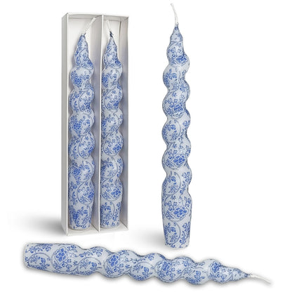 Printed Short Taper Candle Blue Floral Spiral Candlesticks Handmade 7.5 Inch Tapered Candles Smokeless Twisted Candle for Dinner Home Party Decor & Gifts - Set of 2