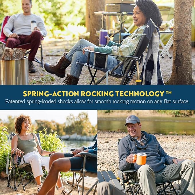 GCI Outdoor Kickback Rocker Camping Chair | Portable Folding Rocking Chair with Durable Armrests, Drink Holder & Relaxed Lowered Seat for Comfort — Red