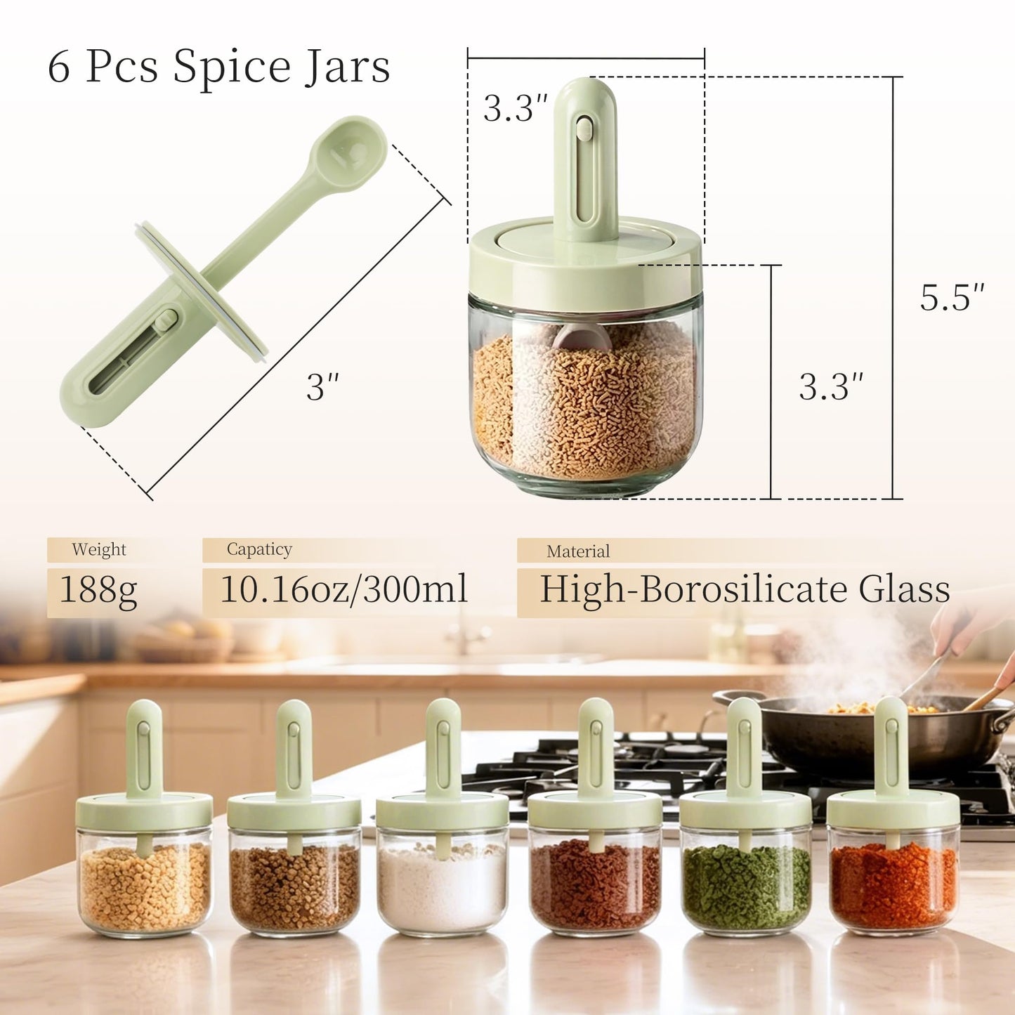 ShanSon 6-Piece Glass Spice Jars with Adjustable Spoon, 10.16oz /300ml Seasoning Containers with Airtight Lids, Moisture-Proof Condiment Pots, Spice Organizer for Kitchen Countertop & Pantry Storage