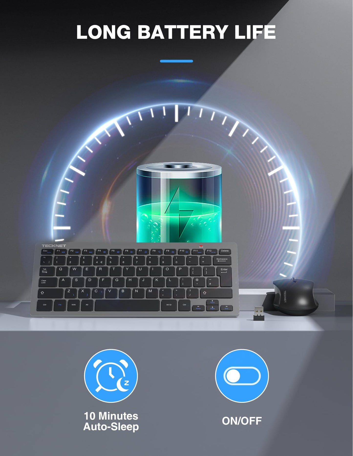 TECKNET Mini Wireless Keyboard and Mouse Set, 2.4G Cordless USB Keyboard and Silent Mouse Comb with Nano USB Receiver, 12 Multimedia Shortcuts for Computer, PC, Laptop, Desktop (Grey)