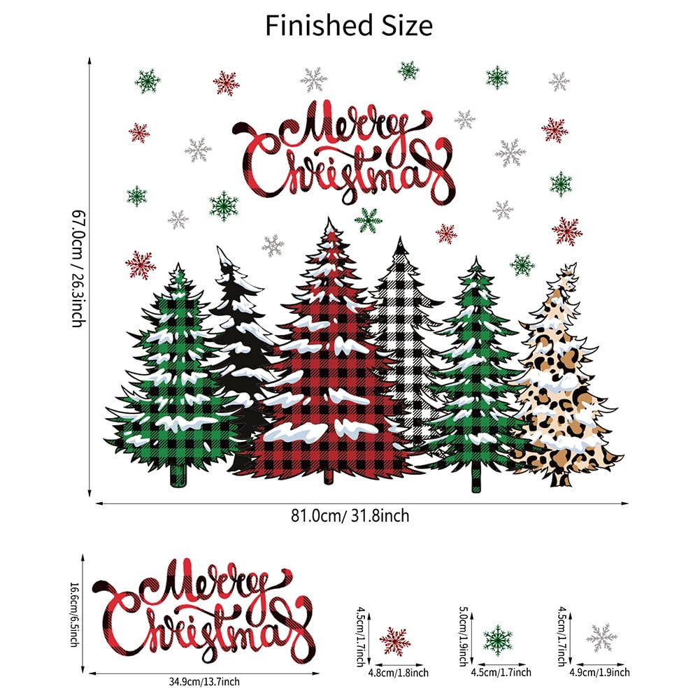 Merry Christmas Wall Decal Buffalo Checkered Christmas Tree Wall Stickers Winter Snowflake Window Clings for Xmas Holiday Festival Party Supplies