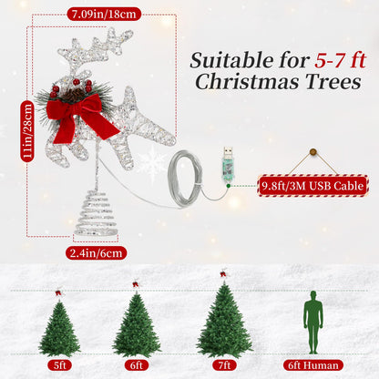 Lewondr Christmas Tree Topper, 11'' Metal Reindeer Christmas Star Tree Topper with Pine Leaves and Bow,30 LED Bulbs,6H Timer, 8 Light Modes, USB & Remote Control Deer Treetop for Home Xmas Decor,White