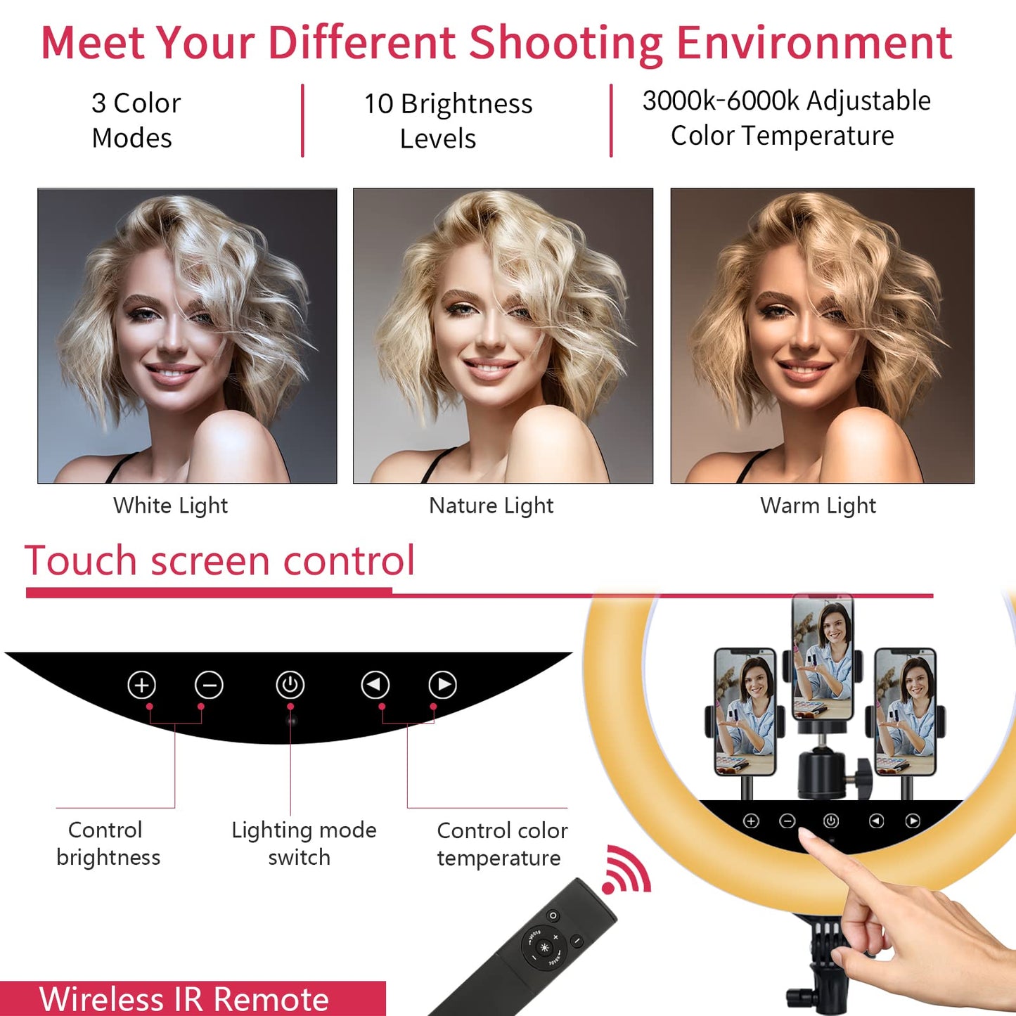 Upgraded 18 inch LED Ring Light with Tripod Stand, Ring Light with Touch Panel for Makeup Studio Portrait YouTube Vlog Video Shooting with Remote Controller, CRI>90