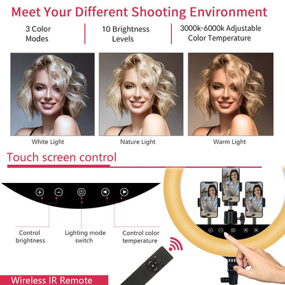 Upgraded 18 inch LED Ring Light with Tripod Stand, Ring Light with Touch Panel for Makeup Studio Portrait YouTube Vlog Video Shooting with Remote Controller, CRI>90