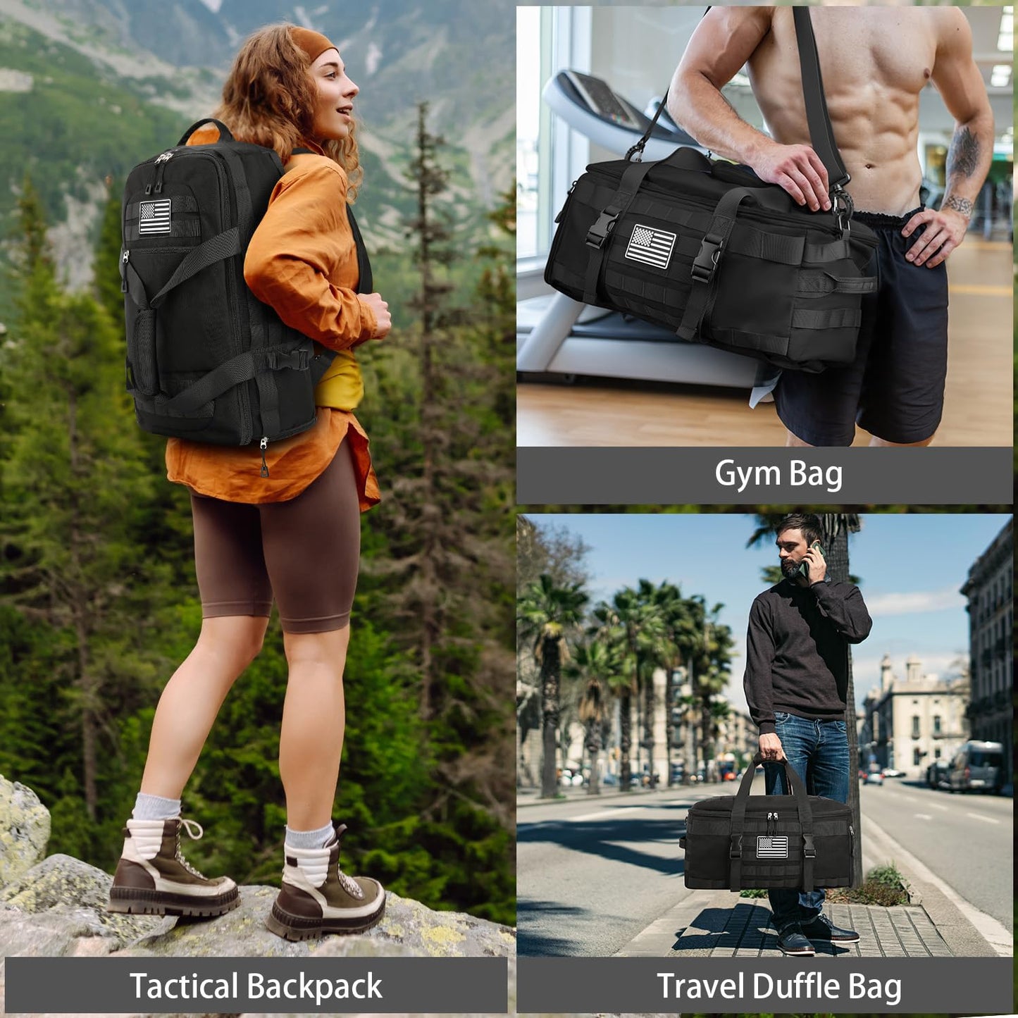 ETRONIK Gym Bags for Men Women, Carry On Luggage 22x14x9 Airline Approved, Tactical Duffle Bag with Shoe Compartment, 3 in 1 Carry on Travel Backpack with Wet Pocket, Weekender Overnight Bag, Black