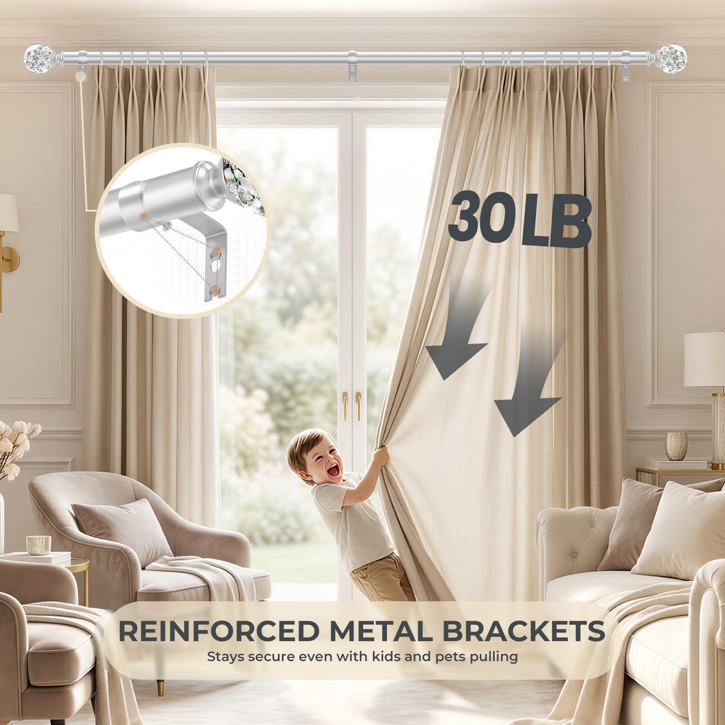 TVWOO Silver Decorative Crystal Curtain Rods:36-88 Inch Heavy Duty Adjustable Window Curtains Rods for Bedroom Living Room,Nickel Modern Girly Acrylic Drapery Rods Set with Sheer Bling Foil Finials