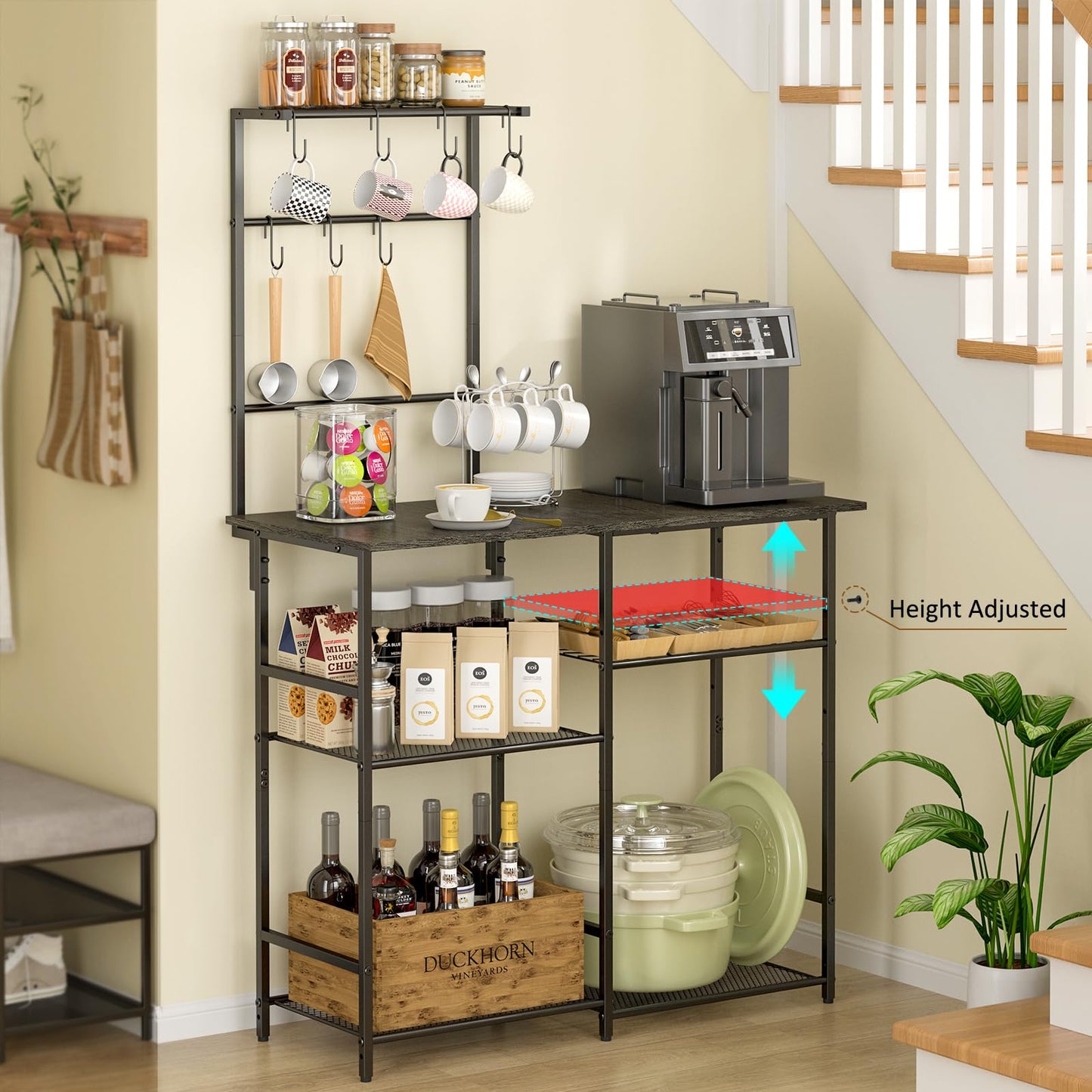 Baker's Rack for Kitchen with Storage, Microwave Stand with Adjustable Shelves and 10 S Hooks, 6-Tier Coffee Bar Station, Kitchen Shelves for Spices, Pots, Rustic Brown