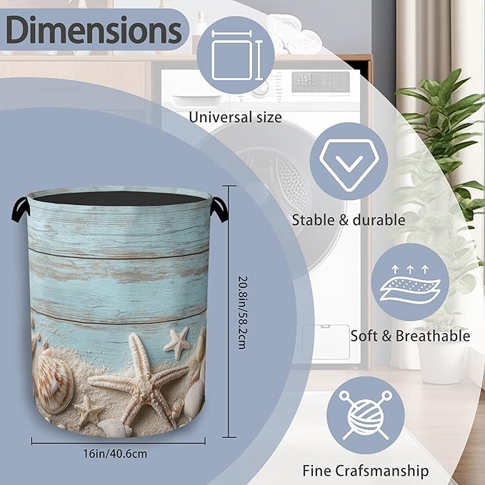 Starfish Seashell Laundry Basket, Vintage Wooden Oxford Cloth Laundry Hamper