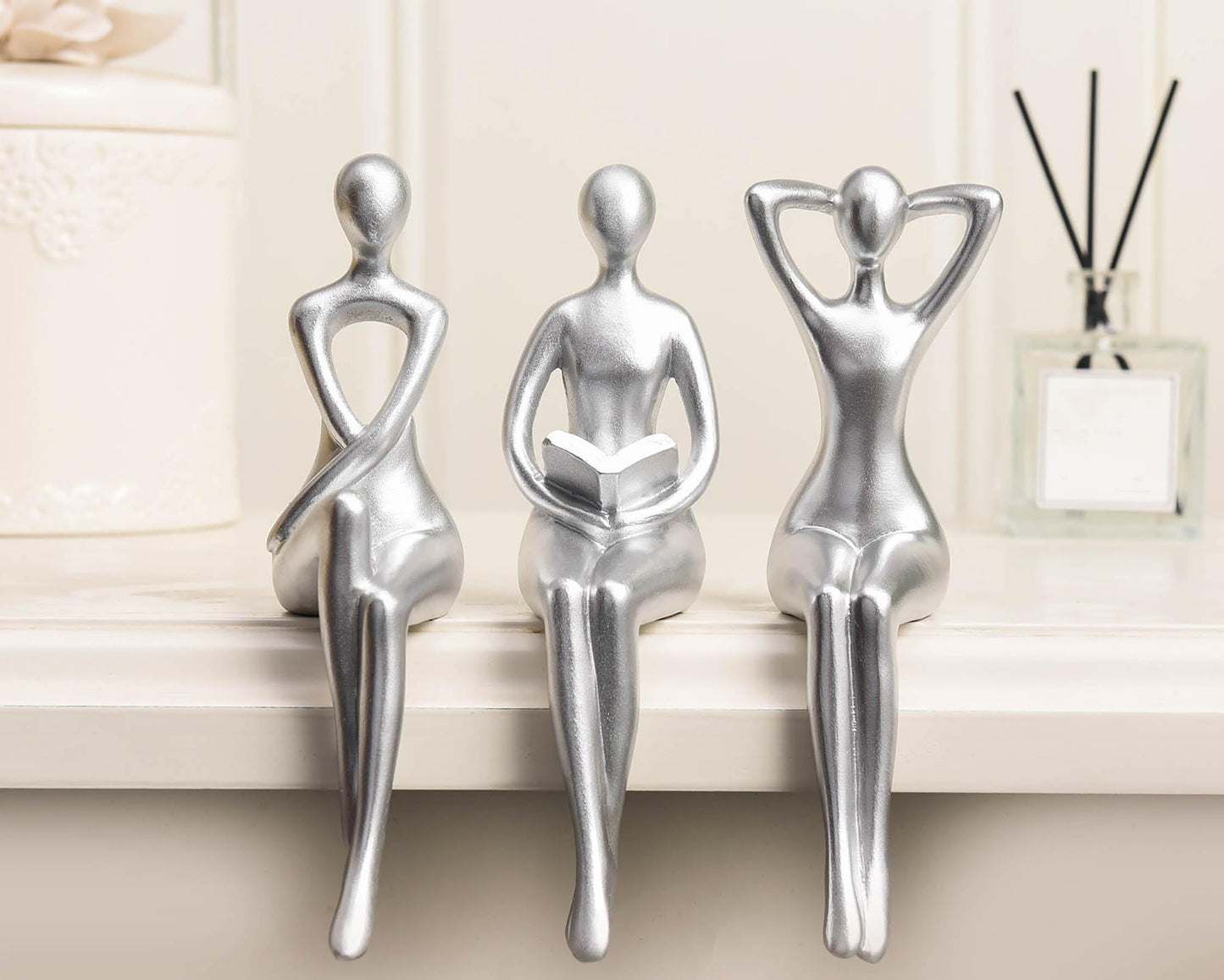 Quoowiit Thinker Statue Office Desk Decor, Silver Art Sculpture Ornament Coffee Table Bookshelf Decor Modern Home Unique Home Decorations for Living Room 3 Piece