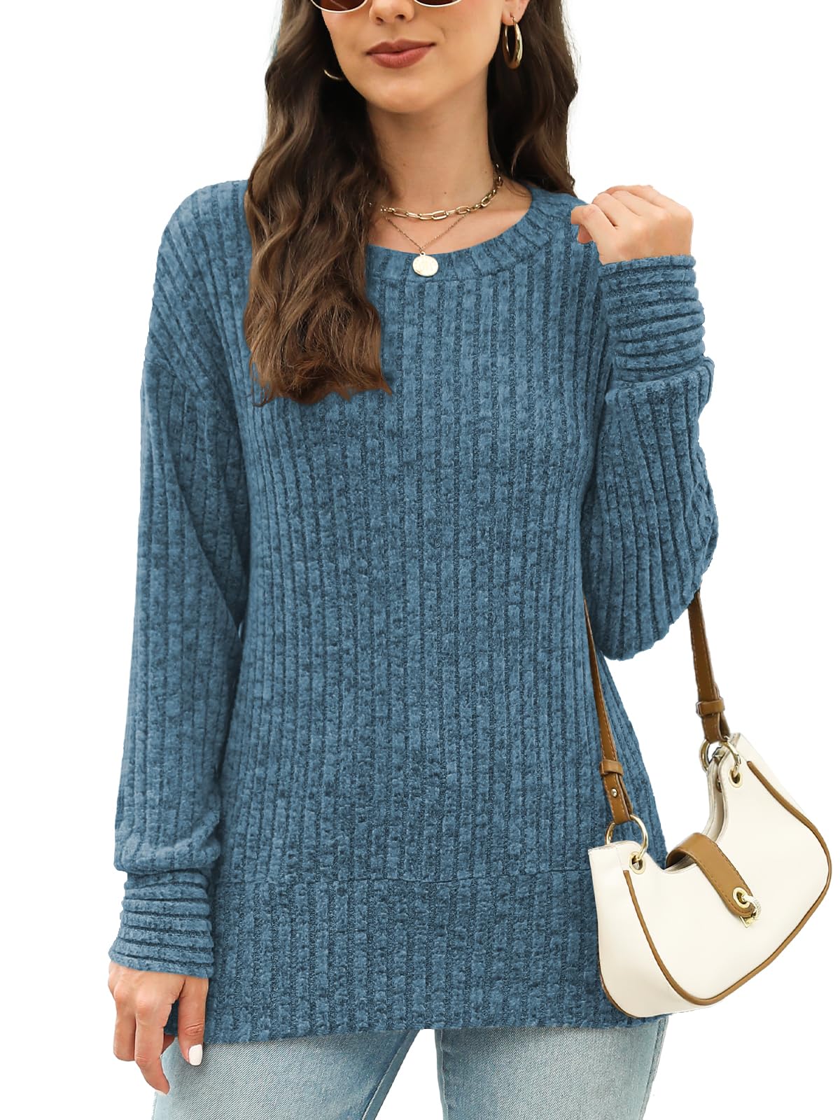 JomeDesign Sweaters for Women Long Sleeve Shirts Crew Neck Sweatshirt Lightweight Casual Tunic Tops