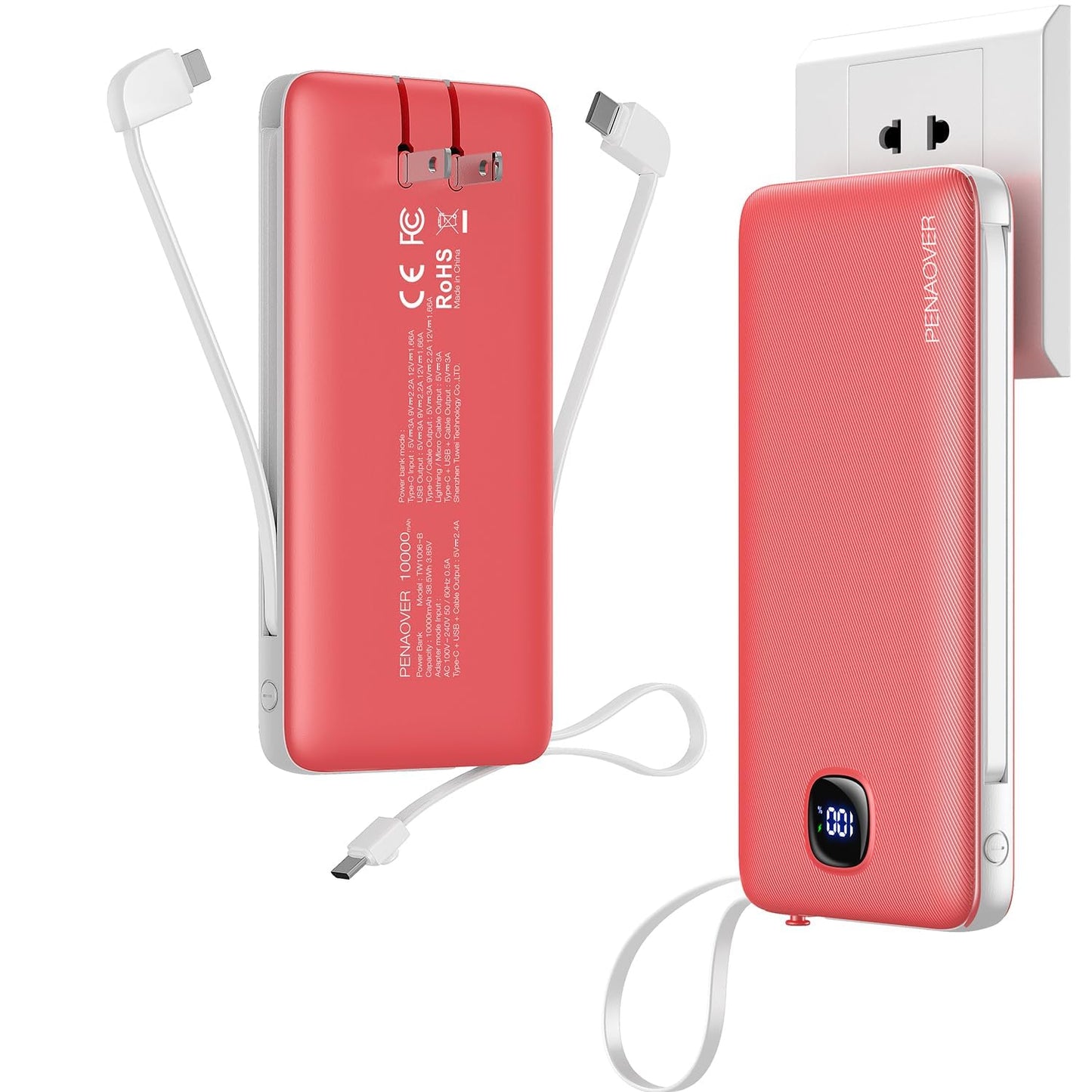 Portable Charger with Built-in Cables&AC Wall Plug,Slim 10000mAh 22.5W Fast Charging Power Bank,5 Output 2 Input USB-C External Battery Pack Compatible with iPhones,Samsung,Android, etc