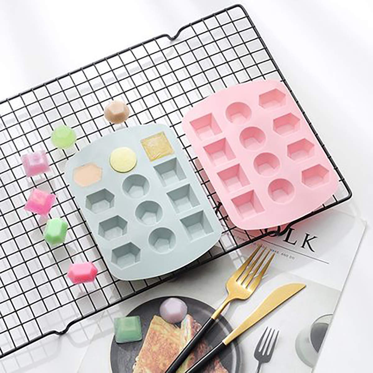 Nicunom 6 Pack Silicone Gem Shapes Candy Molds, 12 Cavity Diamond Cube Tray for Making Jelly, Candy, Chocolate, Cake Decorating, Ice Molds, Soap, Crafting