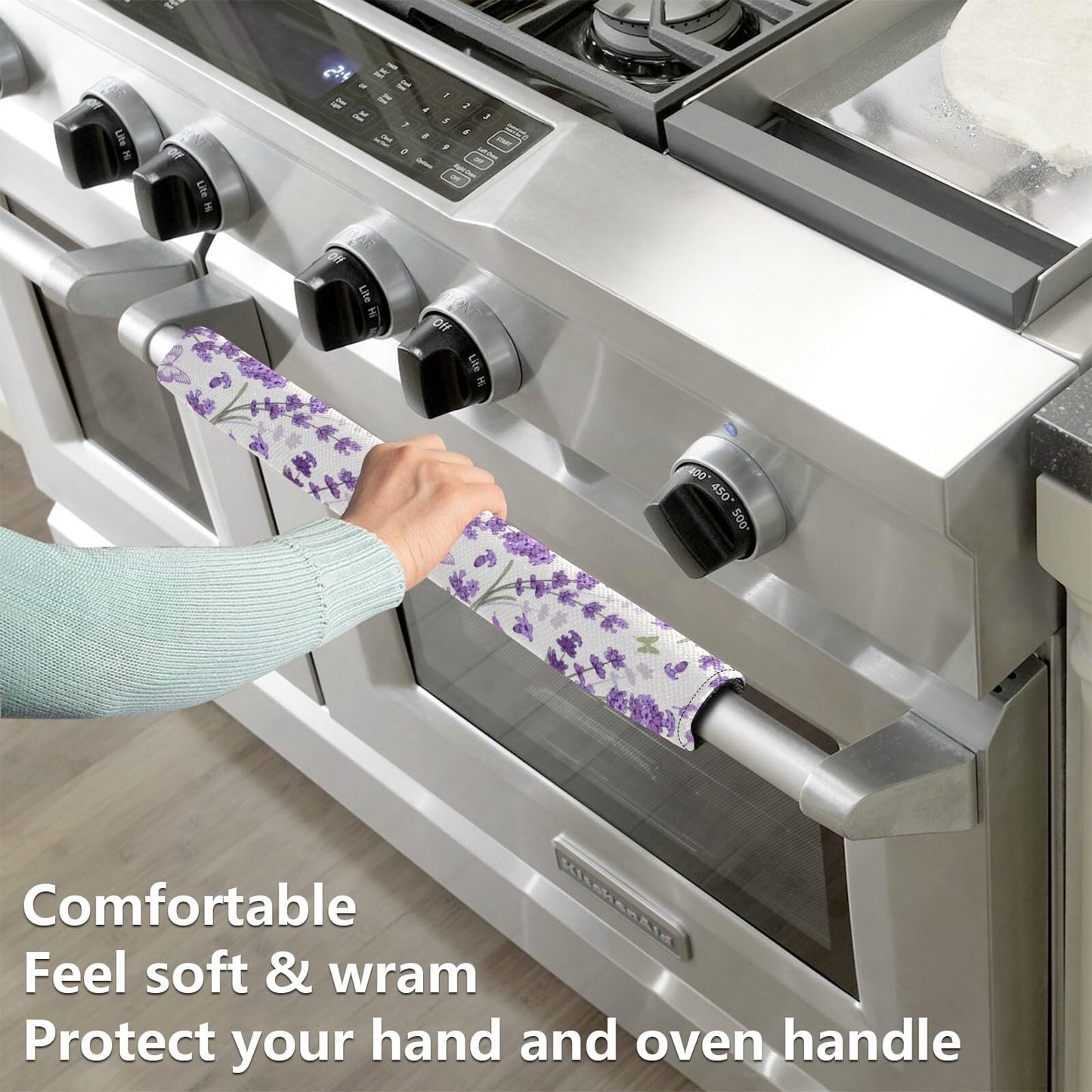 Eionryn Floral Lavenders Refrigerator Door Handle Covers Spring Flowers Purple Provence Kitchen Appliances Gloves for Microwave Dishwasher Fridge Door Cloth Protector 2pcs